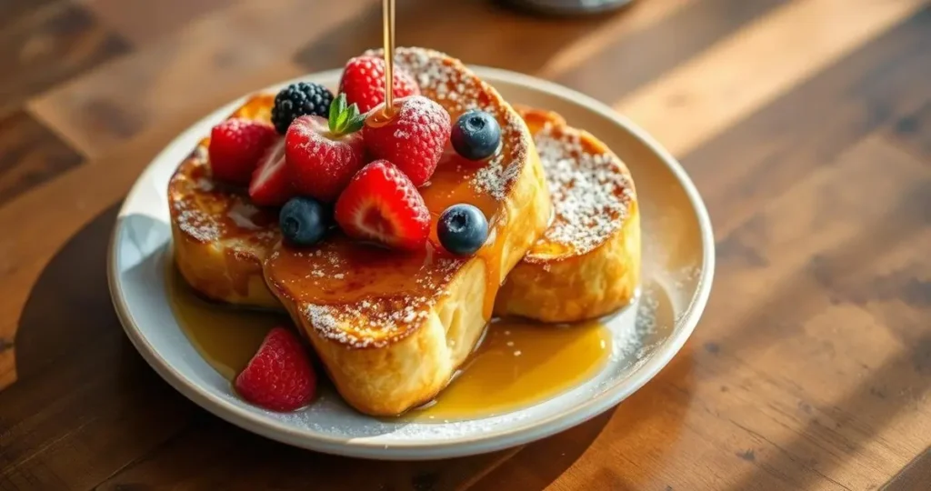 A beautifully plated serving of sourdough French toast, golden and crispy on the outside, fluffy on the inside, topped with fresh berries and a dusting of powdered sugar, drizzled with maple syrup, set against a rustic wooden table background with warm morning light filtering through.