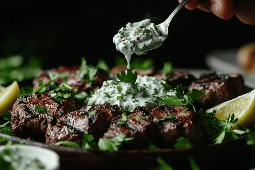 A close up of what are 5 amazing dishes that you could put tzatziki on, showcasing tzatziki being drizzled on grilled lamb.