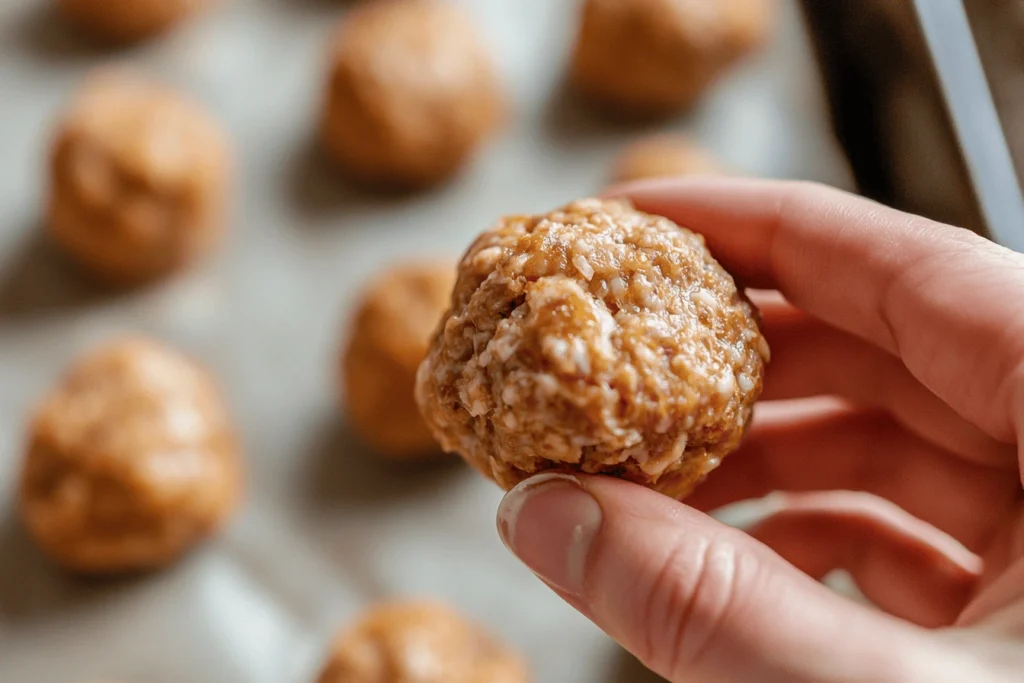 Why are my sausage balls so dry? - Hand holding a dry, cracking sausage ball.