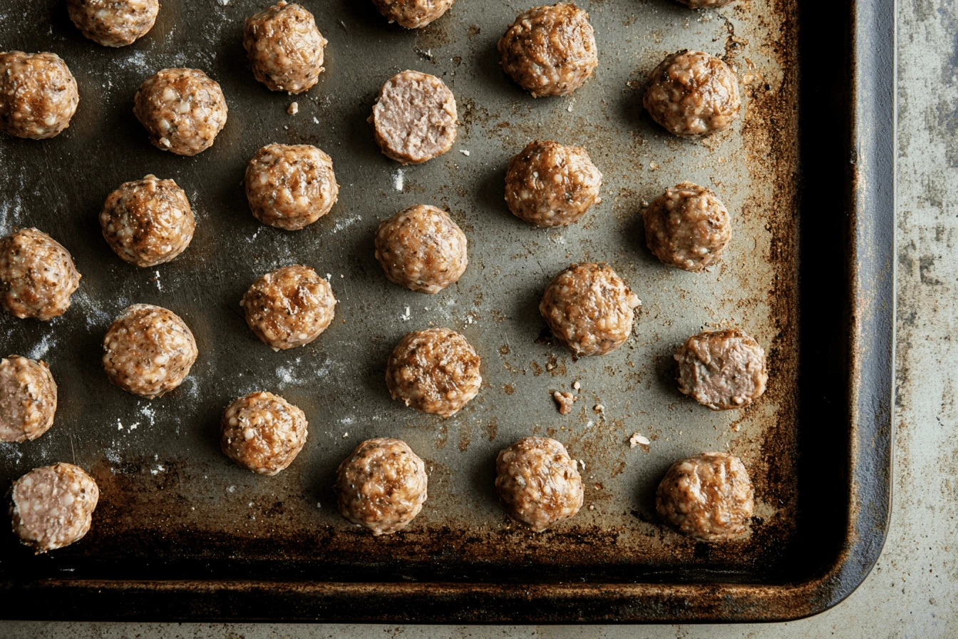 Why are my sausage balls so dry? Close-up of cracked, dry sausage balls.