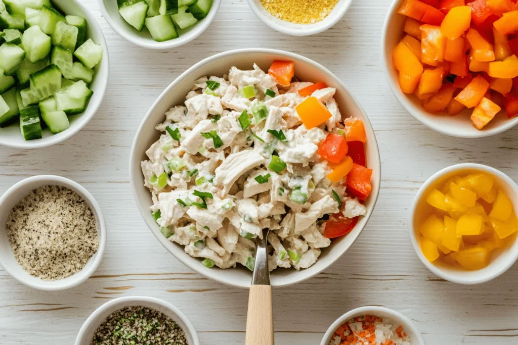 Overhead view demonstrating How can I make bland chicken salad taste better, with seasonings and vegetables surrounding a spoonful of chicken salad.