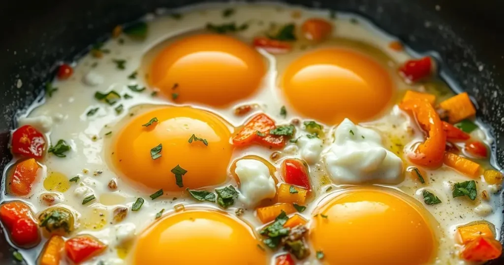 An artistic close-up of eggs being cooked in a pan, with vibrant ingredients like herbs, colorful bell peppers, and creamy cottage cheese incorporated, showcasing the richness and textures without excessive moisture, bright light highlighting the glossy surfaces.