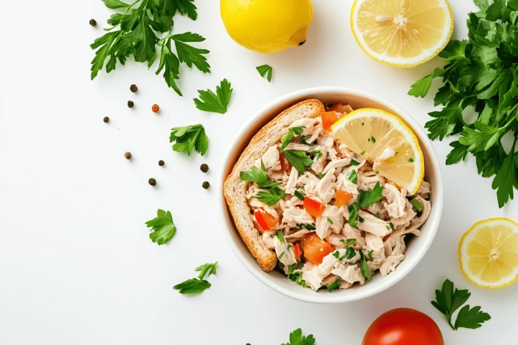 A sandwich featuring chicken salad showcasing ideas on how to make bland chicken salad taste better, alongside ingredients and a lemon slice.