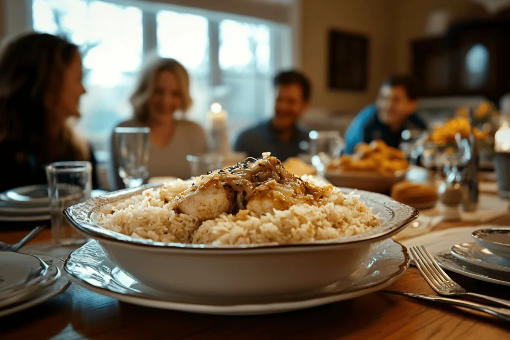 A family sharing a delicious meal of french onion chicken and rice recipe at their dinner table.