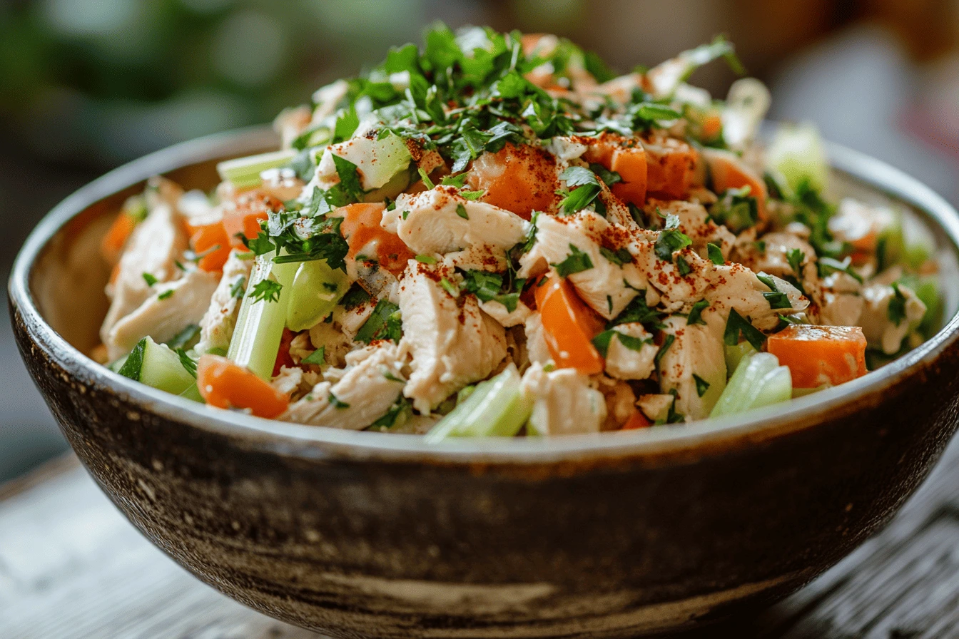 How can I make bland chicken salad taste better, showcasing a colorful bowl of improved chicken salad with fresh ingredients.