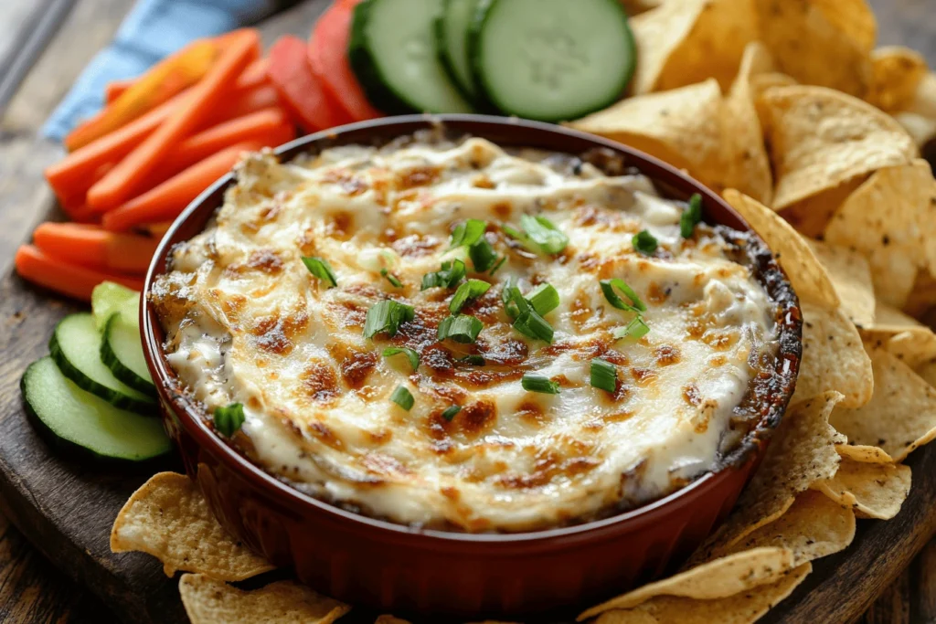 A bowl of French onion dip with chips and vegetables.