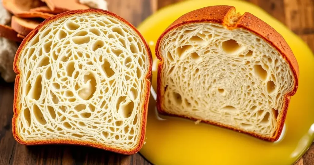 A side-by-side comparison of sourdough and brioche slices, highlighting texture, crust thickness, and color variations, with a pool of egg mixture in the background, soft lighting that accentuates the bread’s absorption qualities.