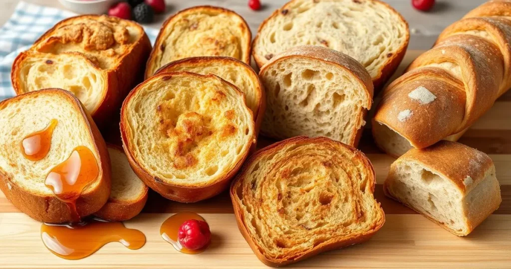 A beautifully arranged selection of artisan and specialty breads ideal for French toast, featuring thick slices of brioche, rustic sourdough, soft challah, fluffy cinnamon raisin bread, and dense crusty baguette, all artfully displayed on a wooden cutting board with a drizzle of syrup and scattered berries in the background.