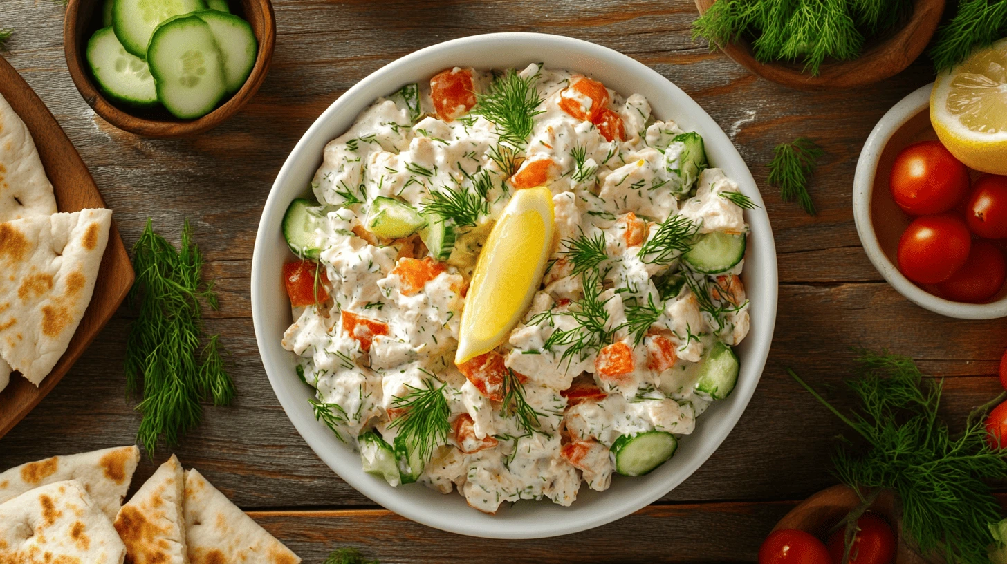 A vibrant overhead shot of freshly made tzatziki chicken salad in a white bowl, garnished with dill and lemon, surrounded by ingredients. Fresh & Flavorful Tzatziki Chicken Salad.