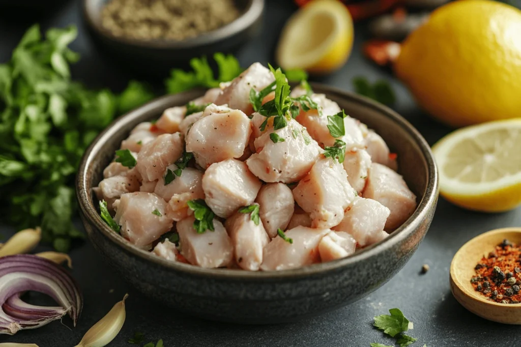 Close-up of a bowl showing how to make bland chicken salad taste better using fresh herbs, lemon, and spices.