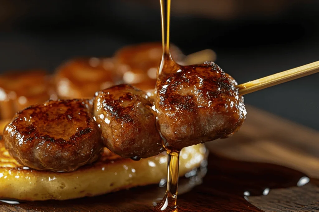 Close-up of a golden-brown pancake and sausage on a stick with syrup dripping, showcasing its delicious texture and the question what is the name of the pancake and sausage on a stick is often asked.