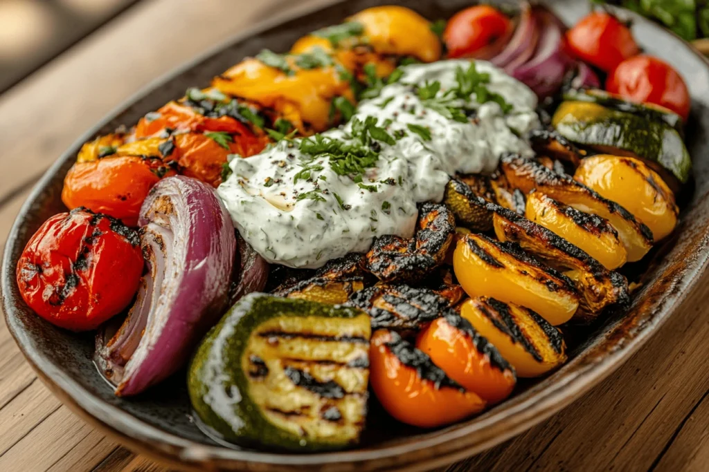 Grilled vegetables with tzatziki sauce, demonstrating a way to enjoy what is tzatziki sauce good on with non-traditional ingredients.