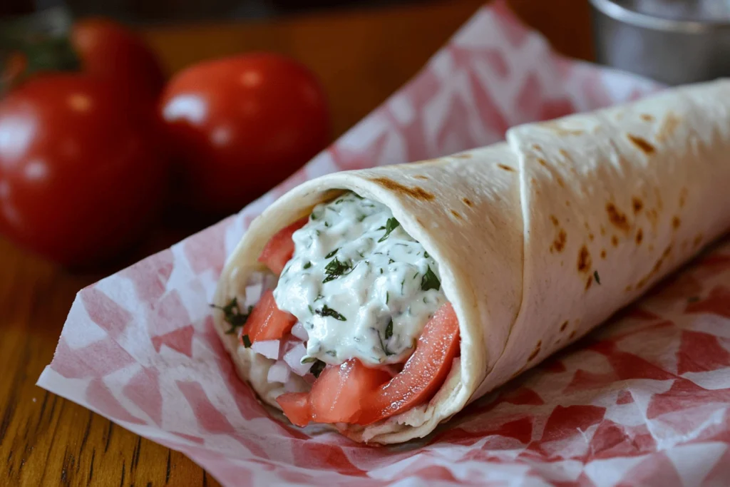 A gyro wrap featuring a dollop of tzatziki, showcasing what is tzatziki sauce good on in a traditional Greek dish.