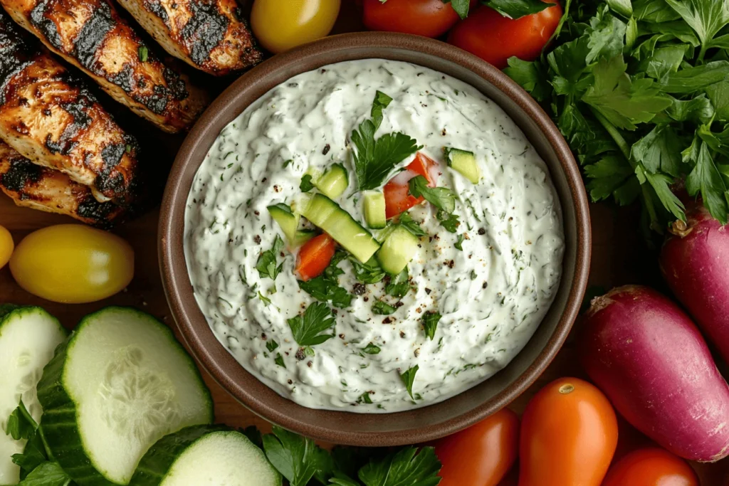 Table setting showing a bowl of tzatziki, grilled chicken and fresh vegetables, illustrating if tzatziki good for a diet.