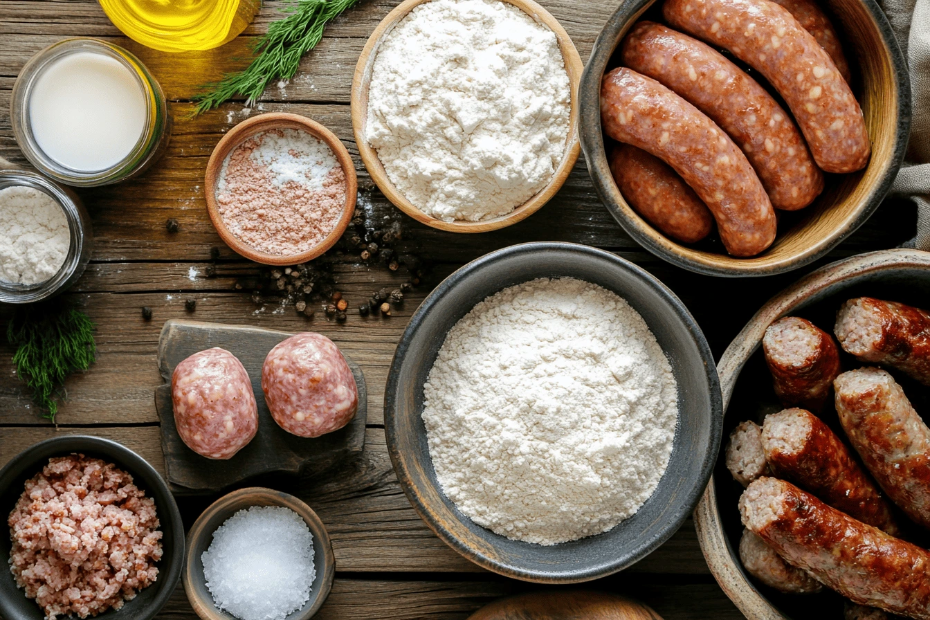 What can you use in place of Bisquick for sausage balls shown with various substitute ingredients laid out on a wooden surface.