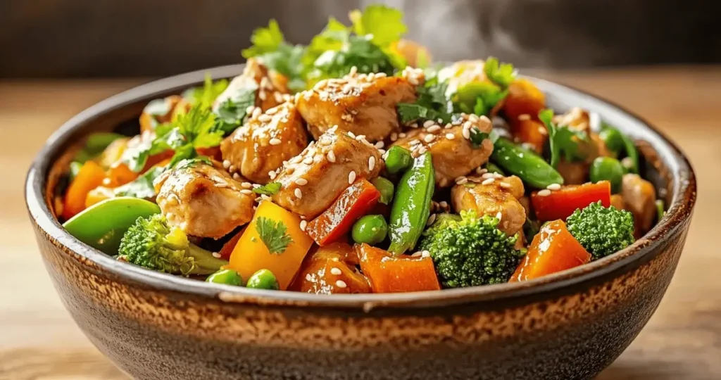 A beautifully plated chicken stir-fry with vibrant vegetables like bell peppers, broccoli, and carrots, tender chicken pieces, garnished with herbs and sesame seeds, steam rising from the dish, warm natural lighting showcasing the fresh, colorful ingredients. Discover how long to cook chicken stir fry from butchers for a delicious and safe meal.