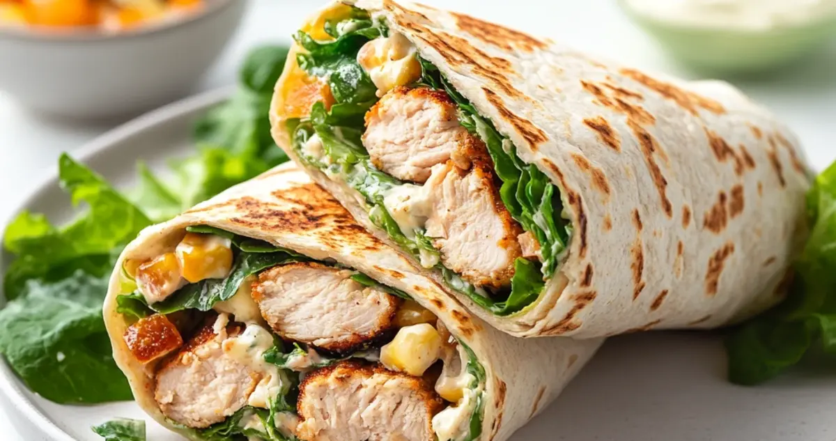 Close-up of a grilled chicken Caesar wrap on a white plate, cut open to reveal juicy grilled chicken, crisp lettuce, and creamy Caesar dressing, with fresh ingredients like lettuce and Parmesan cheese in the background.