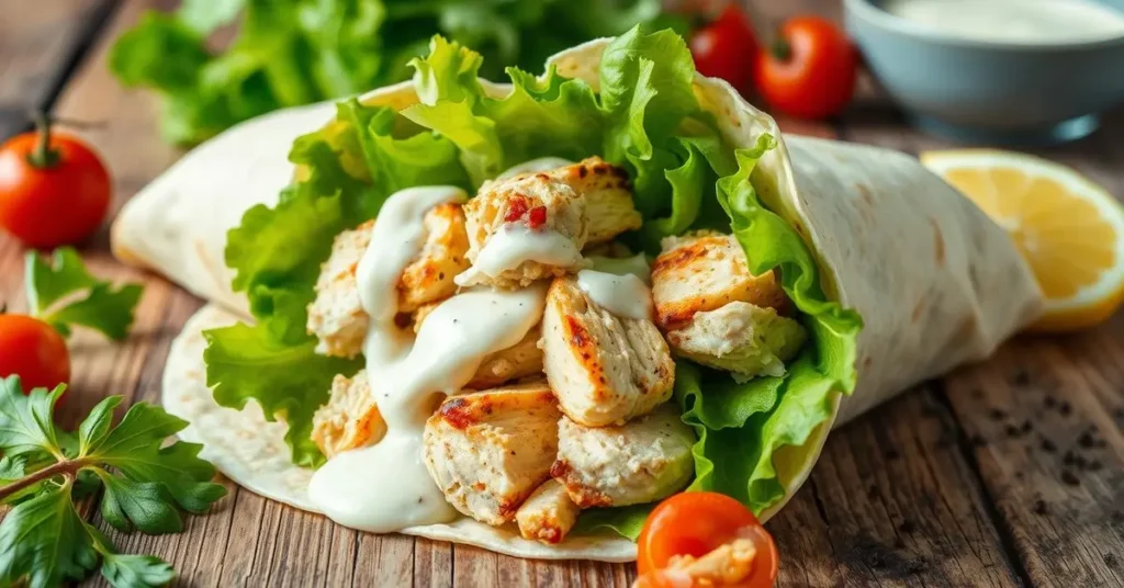 A fresh Chicken Caesar wrap with grilled chicken, crisp romaine lettuce, Parmesan cheese, and creamy Caesar dressing, all neatly rolled in a soft tortilla, set on a rustic wooden table, surrounded by ingredients like cherry tomatoes, lemon wedges, and a sprinkle of black pepper, in natural lighting.