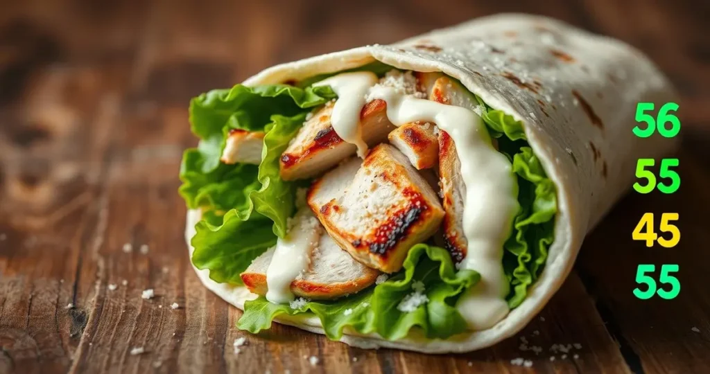 A close-up of a grilled chicken Caesar wrap on a rustic wooden table, showcasing the vibrant greens of romaine lettuce, slices of grilled chicken, creamy Caesar dressing, and freshly grated Parmesan cheese, with a calorie count visually represented by colorful numbers arranged around the wrap, capturing a healthy and appetizing meal presentation.