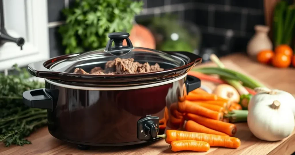 A cozy kitchen scene featuring a glossy, filled crockpot on a wooden countertop, surrounded by fresh vegetables like carrots and onions, with a backdrop of herbs, steam rising from the lid, and a warm, inviting atmosphere capturing the essence of slow cooking for tender beef.