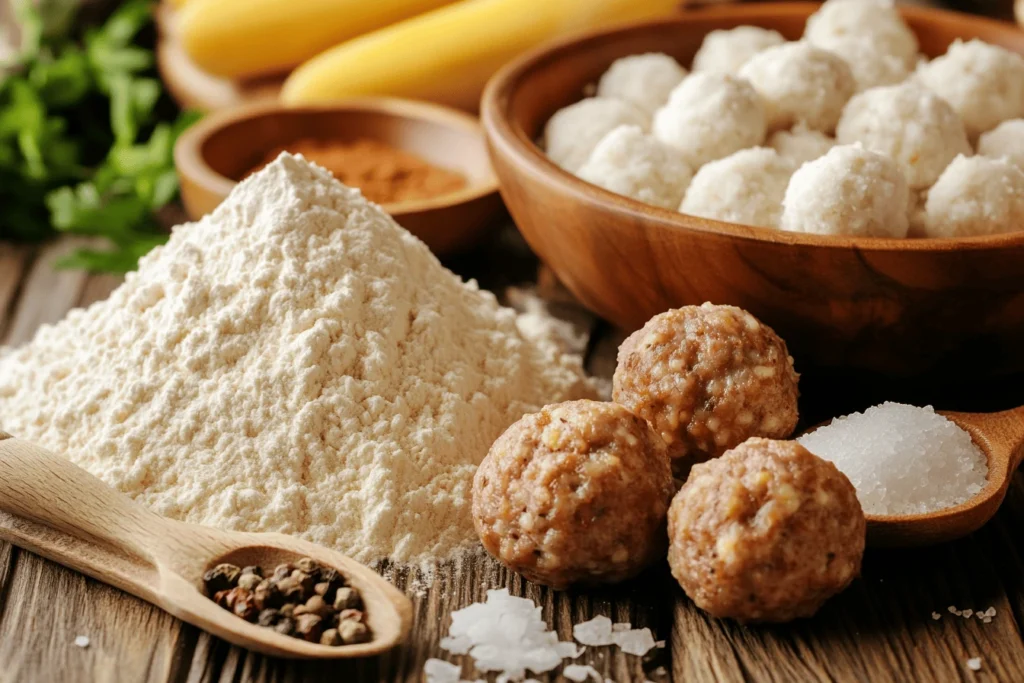 Close-up of what can you use in place of Bisquick for sausage balls, featuring flour, baking powder, salt, and shortening next to a sausage ball mixture.