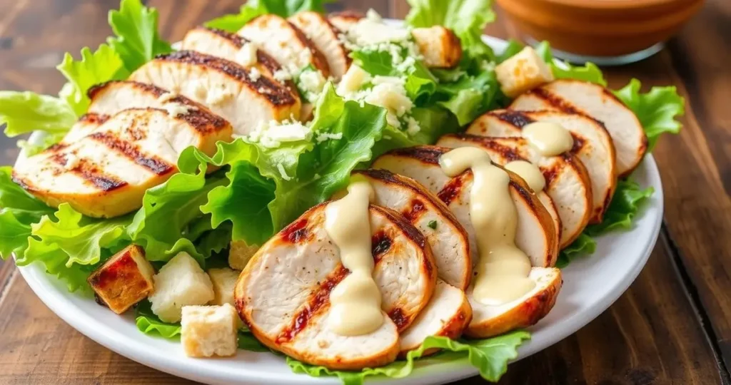 A vibrant and fresh grilled chicken Caesar salad, featuring juicy sliced grilled chicken breast atop a bed of crisp romaine lettuce, sprinkled with Parmesan cheese, croutons, and drizzled with Caesar dressing, set against a rustic wooden table background, natural lighting highlighting the textures and colors of the ingredients.