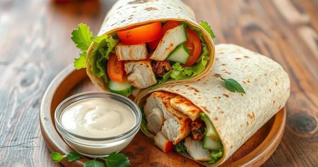 A visually appealing grilled chicken wrap, featuring tender grilled chicken slices, fresh mixed vegetables like lettuce, tomatoes, and cucumbers, all wrapped in a whole grain tortilla. The wrap is cut in half to showcase the colorful ingredients inside, placed on a rustic wooden table with a side of healthy dipping sauce and garnished with herbs. Bright, natural lighting enhances the freshness of the ingredients.