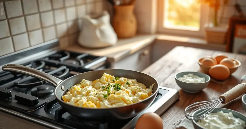A picturesque kitchen scene featuring a skillet on a stove filled with fluffy scrambled eggs mixed with cottage cheese, garnished with fresh herbs like chives or parsley, alongside a rustic wooden table set with eggs, a whisk, and a small bowl of cottage cheese, warm sunlight streaming through a window.