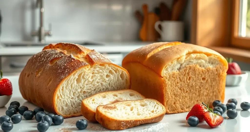 A beautifully arranged kitchen scene showcasing two types of bread for French toast: a crusty, artisanal sourdough loaf with a golden-brown crust and airy interior, alongside a soft, buttery brioche loaf with a rich, golden color. The bread is sliced thickly, with a hint of cinnamon and sugar scattered on the counter, surrounded by fresh blueberries and strawberries, with a warm, inviting morning light streaming in through the window.