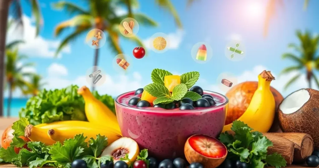 A vibrant and colorful composition showcasing a bowl of acai berries surrounded by tropical fruits like bananas, mangoes, and coconuts. Include elements of fresh greens such as spinach and kale, with a backdrop of a bright blue sky and palm trees. Incorporate visual representations of nutrients such as vitamins and antioxidants manifesting as glowing orbs or symbols around the acai bowl, emphasizing health benefits and freshness.