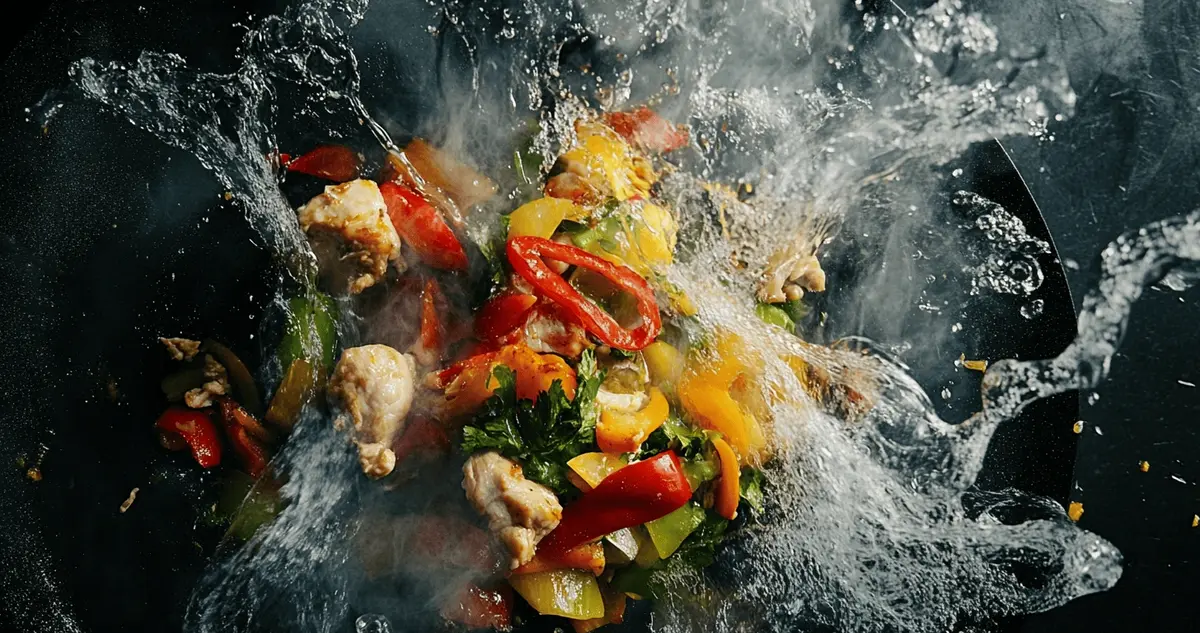 Overhead view of a vibrant stir-fry in progress, showing colorful chicken and vegetables being cooked in a wok, illustrating the core of the question: do you stir fry chicken or vegetables first?