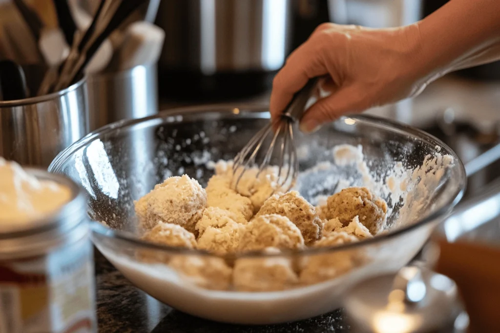 Hands mixing ingredients in a bowl using what can you use in place of Bisquick for sausage balls, with flour and baking powder nearby.