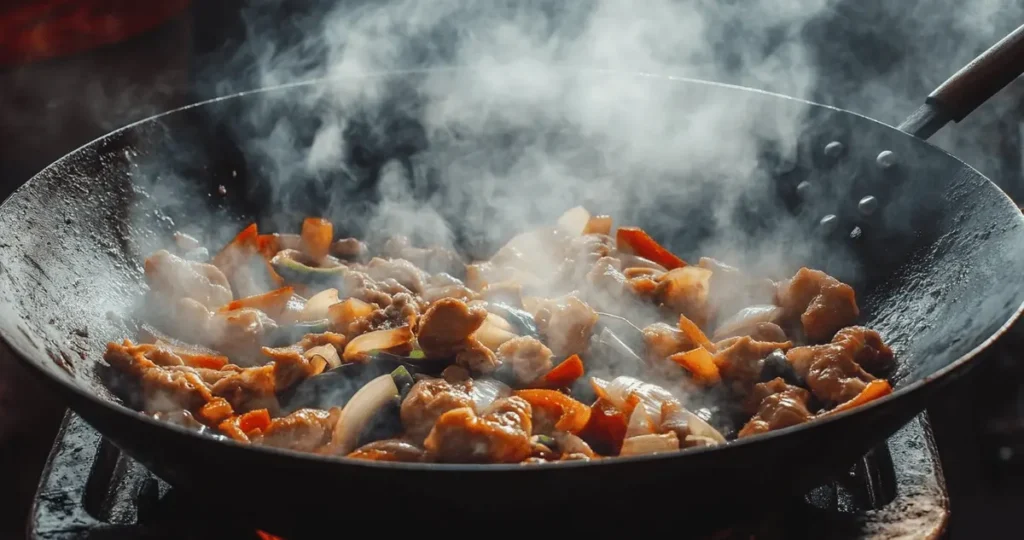 Overhead view of a wok with stir fry chicken, vibrant vegetables, and steam rising, captured with natural light in a high-angle shot.