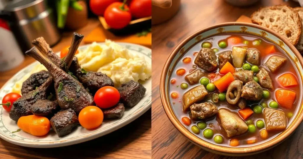 A vibrant kitchen scene featuring two separate dishes; on the left, a plate of tender beef tips garnished with herbs, surrounded by colorful vegetables like bell peppers and cherry tomatoes, served with a side of creamy mashed potatoes; on the right, a hearty bowl of stew meat simmering in a rich gravy, filled with carrots, potatoes, and peas, with rustic bread slices on the side; warm lighting highlighting the textures and colors of each dish, creating an inviting atmosphere.