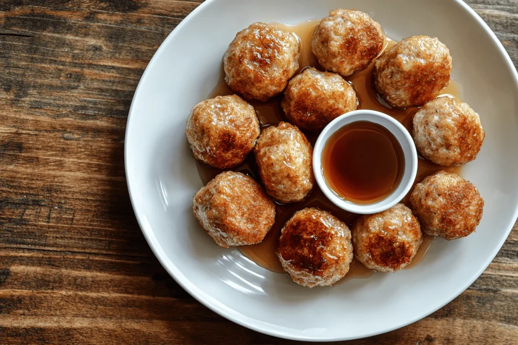 Top-down view of pancake sausage balls on a white plate with syrup