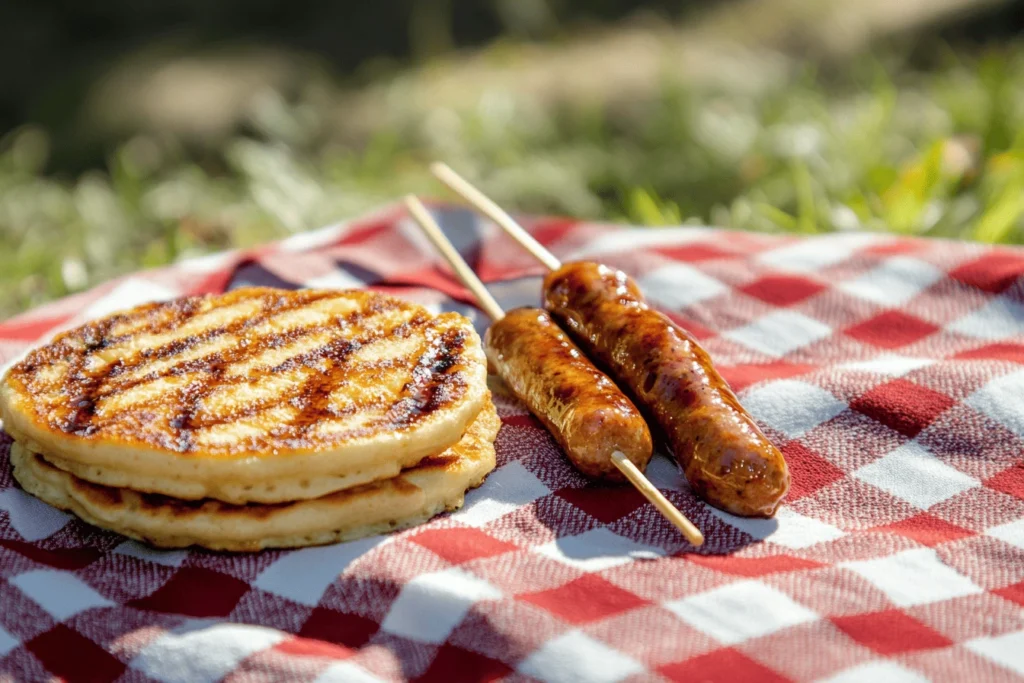 A vibrant outdoor image of pancake and sausage on a stick displayed on a checkered picnic blanket, perfect for a sunny day and many wonder what is the name of the pancake and sausage on a stick.