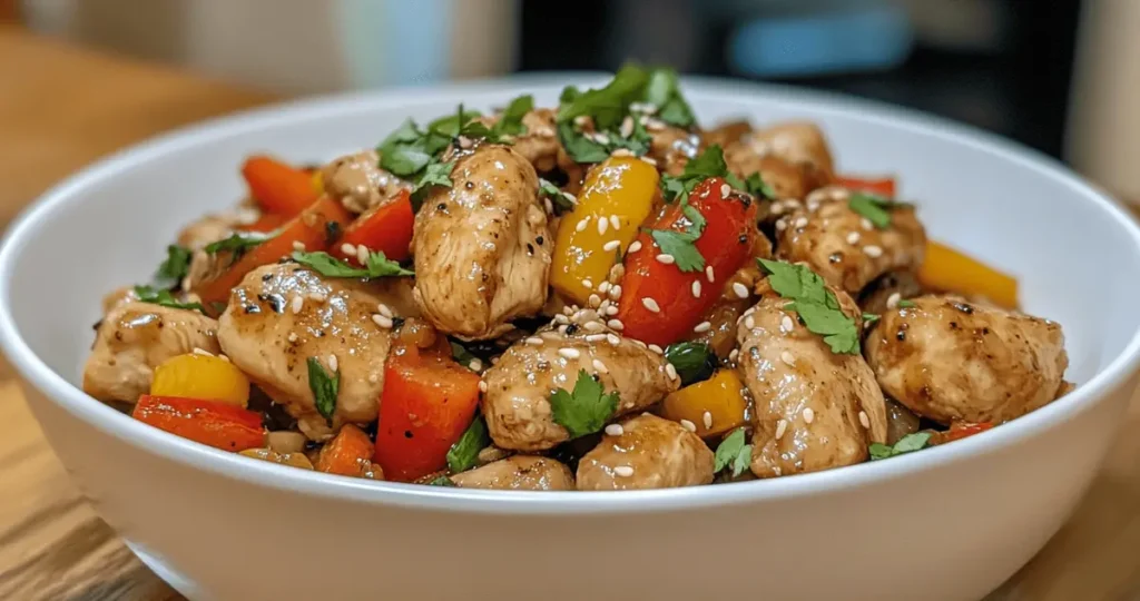 Featured image showing a delicious, tender chicken stir fry, demonstrating how to stir fry chicken so it's tender.