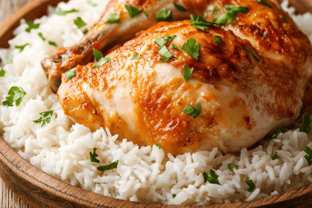 Close up of golden-brown chicken and fluffy rice; illustrating how to safely cook raw chicken with rice.