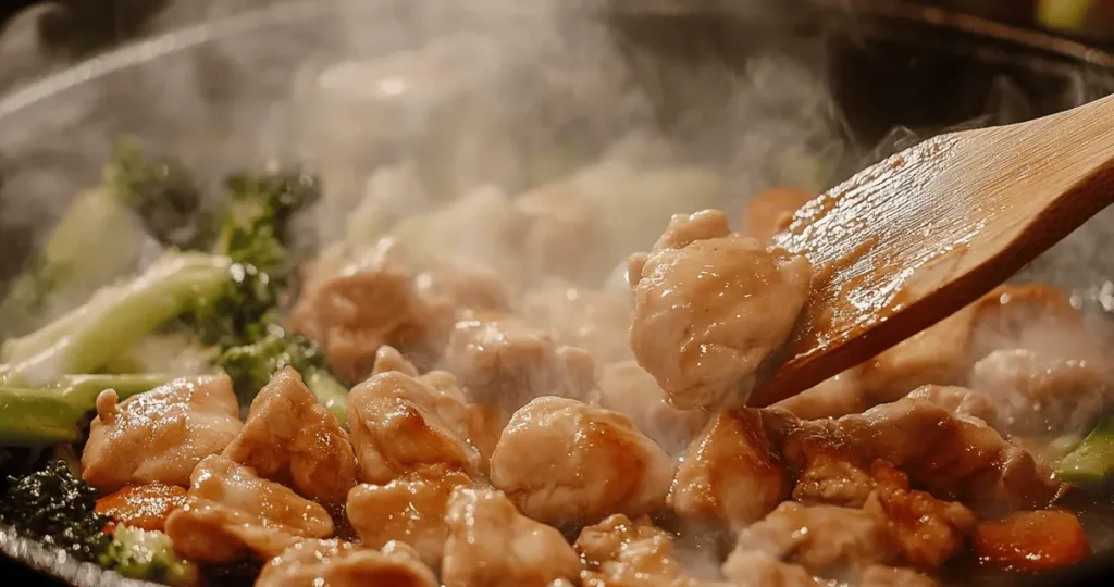 An image of chicken stir-fry from a butcher, the focus being the cooking process with a wooden spatula stirring the chicken, high heat visible, surrounded by fresh vegetables ready to be added.