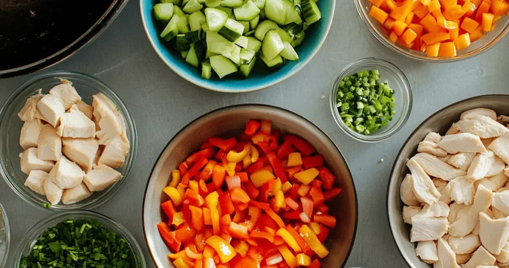 Overhead view of colorful sliced chicken and vegetables ready to be stir-fried, showcasing the prep work for answering do you stir fry chicken or vegetables first.