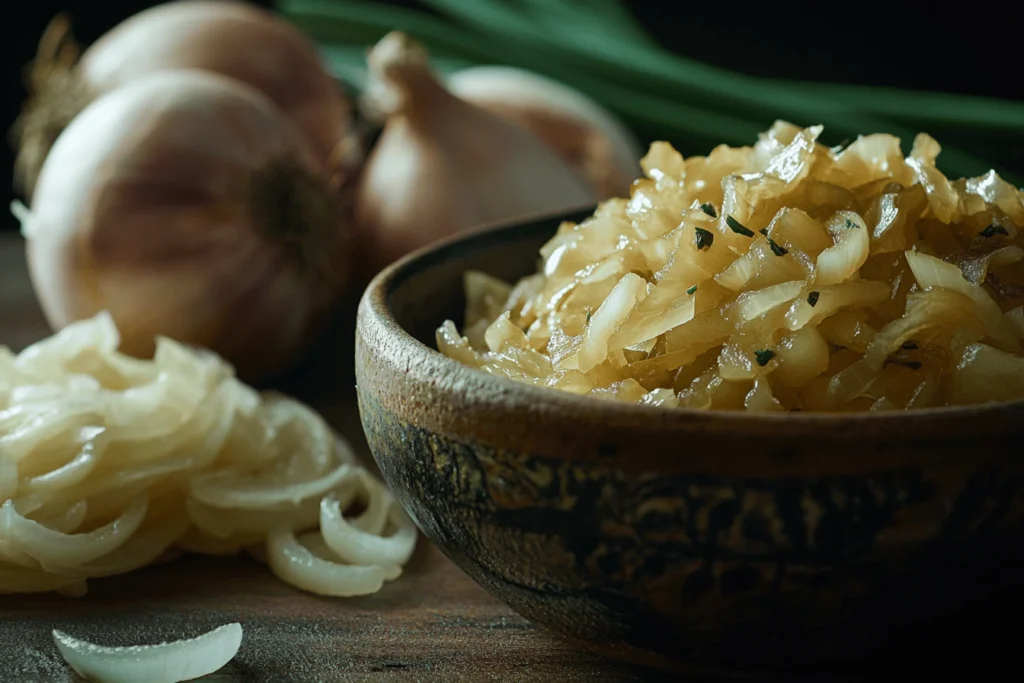 Close-up showing the difference between onion and French onion in texture and color.