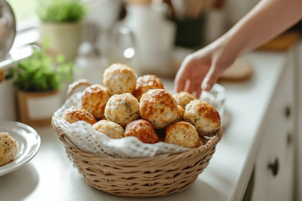 Pancake sausage balls in a basket with a woman hand reaching in