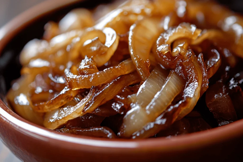 A realistic close-up photo of caramelized onions showing the French onion flavor profile.