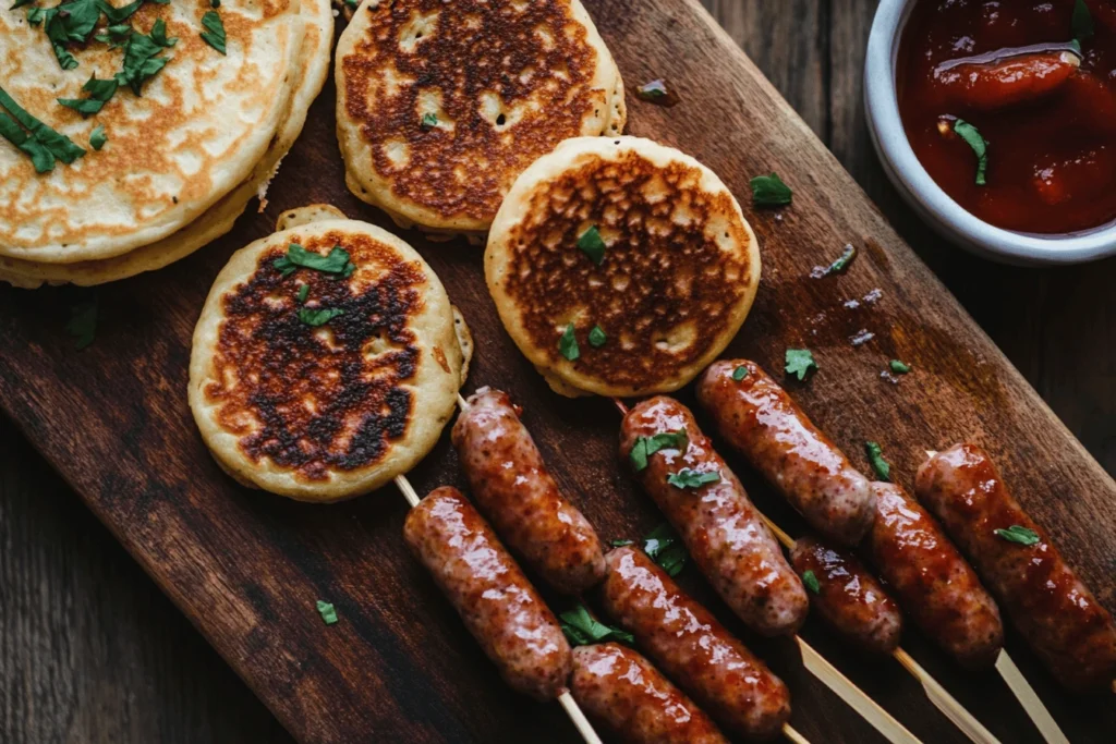 An overhead view of multiple pancake and sausage on a stick on a wooden board, set in a rustic kitchen, showcasing the variations of this treat. It's a great example of what is sometimes referred to when asking what is the name of the pancake and sausage on a stick.