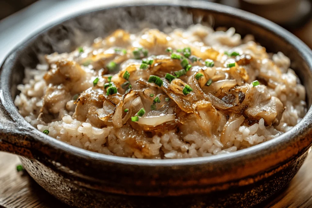 A close-up view of freshly cooked french onion chicken and rice recipe in a rustic pan.