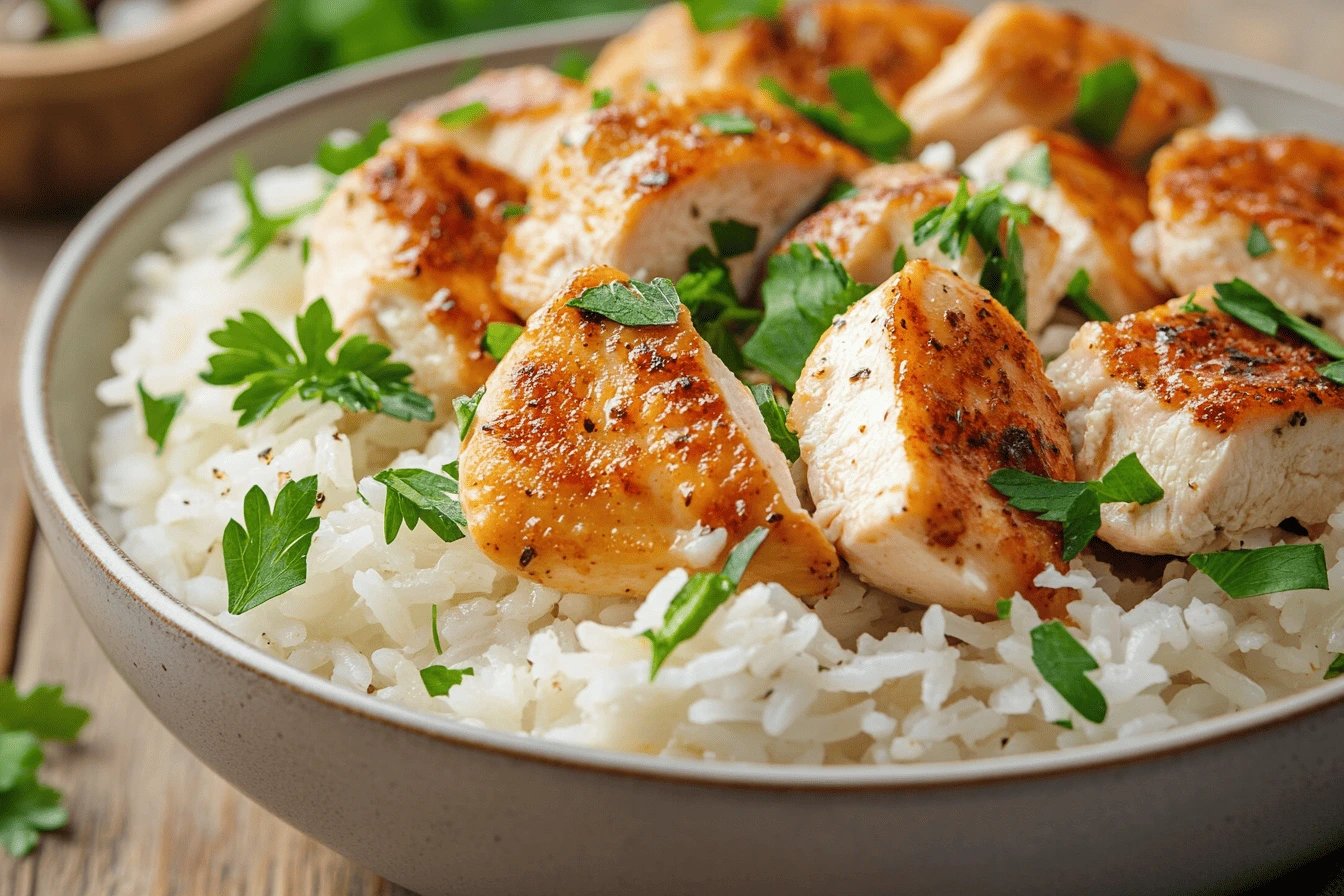 Is it okay to cook raw chicken with rice? A perfectly cooked chicken and rice meal, showcasing safe cooking techniques.