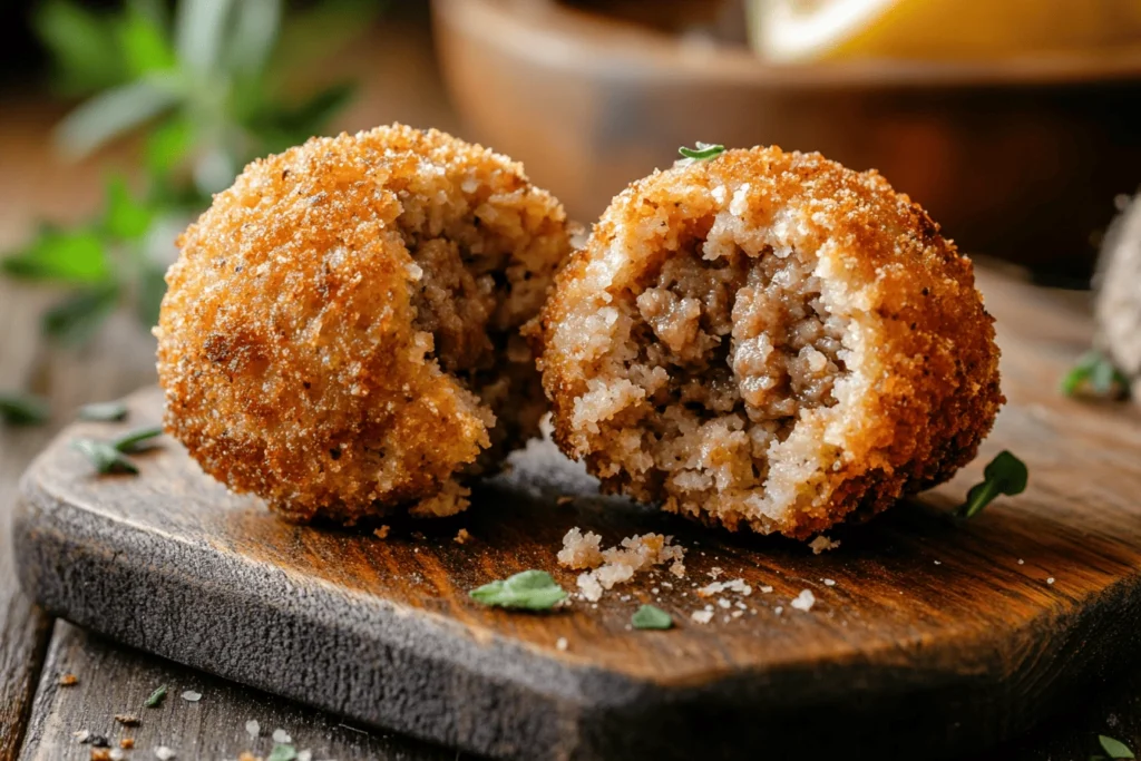 Close-up of two pancake sausage balls broken open to show sausage filling