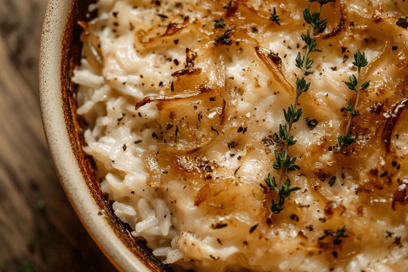 Delicious and comforting french onion chicken and rice recipe served in a rustic dish.