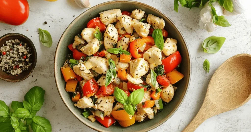 Overhead view of a 10 minute Italian chicken stir fry in a bowl, surrounded by fresh ingredients and a wooden spoon on a kitchen counter.