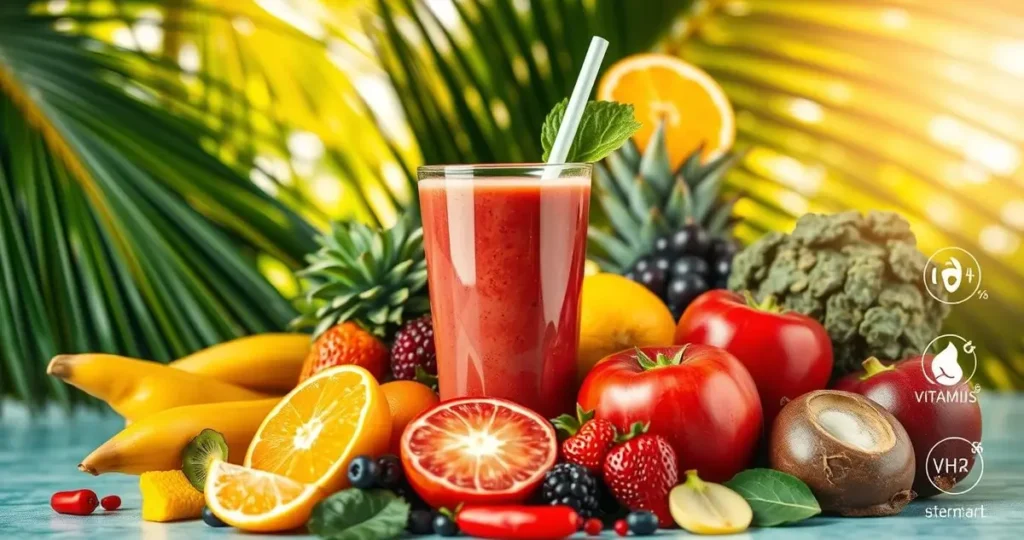 A colorful, visually appealing assortment of fresh fruits and vegetables commonly found in smoothies, displayed in a tropical setting with palm leaves, a sunlit background highlighting vibrant colors, and a smoothie cup filled with a healthy blend, surrounded by nutritional icons like vitamins and minerals, all arranged aesthetically without any text or characters.